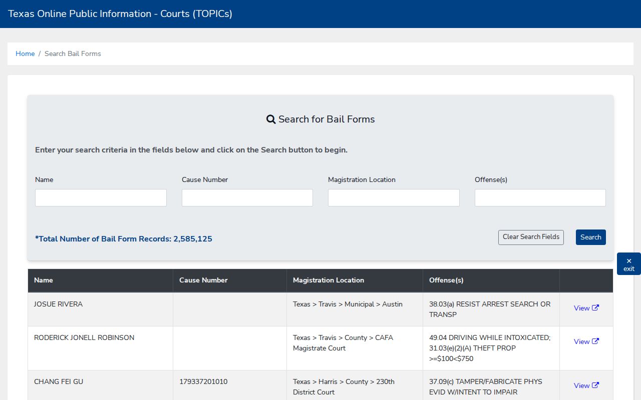 Texas OCA public search fields for completed bail forms, separate from a warrant roster