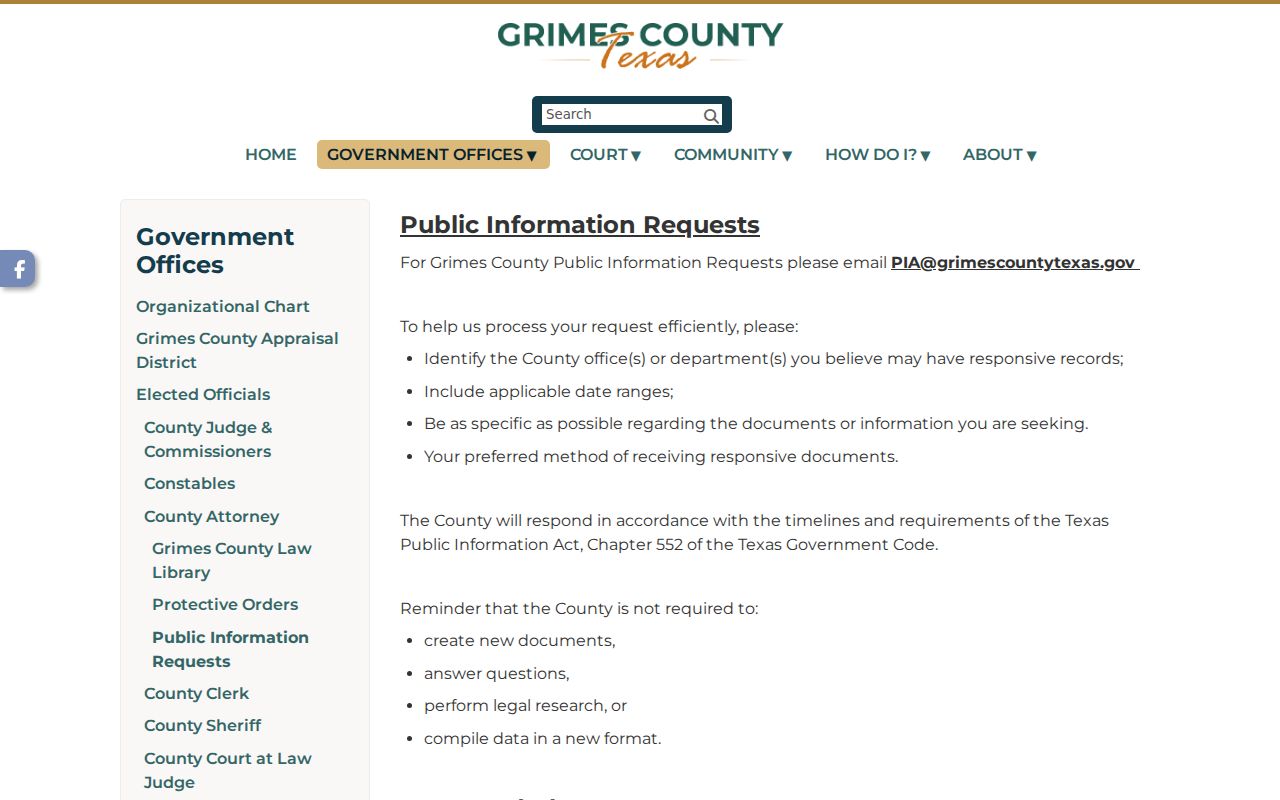 Grimes County public information request guidance for agency-held records