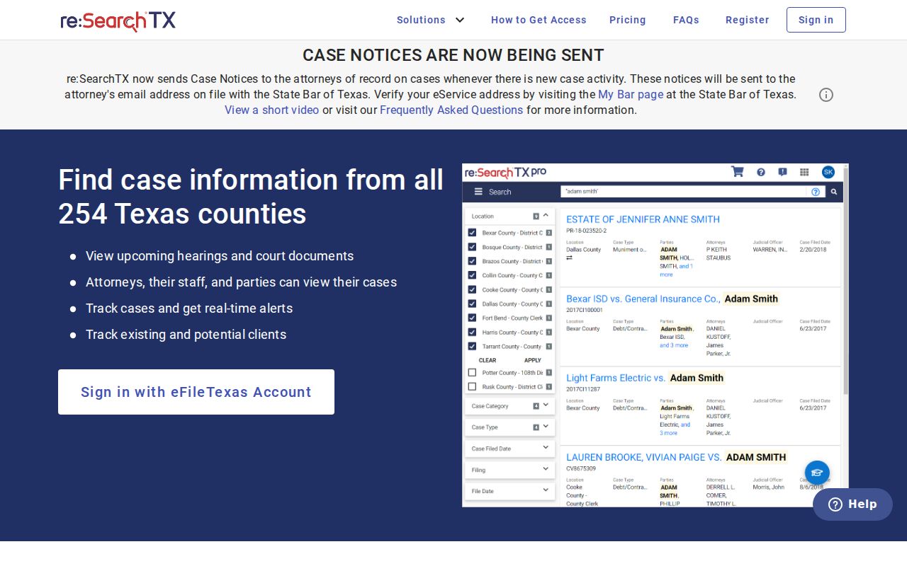 Texas court case-search landing page used to locate filed Grimes County records