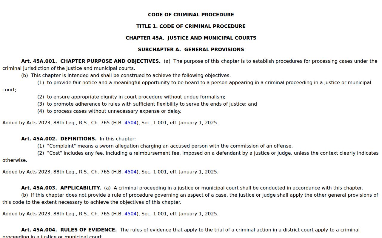 Texas justice and municipal court warrant statute, Article 45A.104
