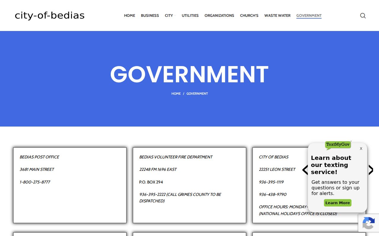 Bedias warrant records local context from the official city government page