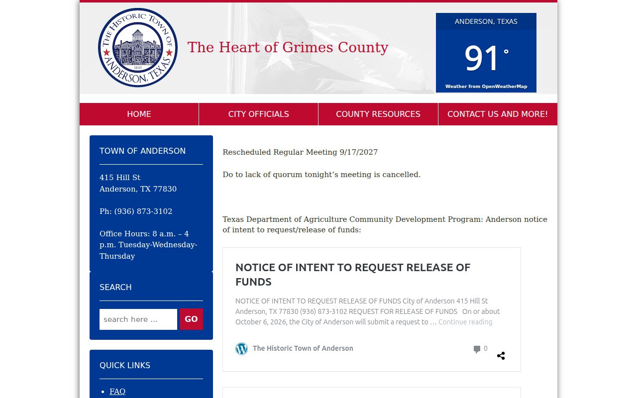 Anderson warrant records local context from the Town Hall and official town page