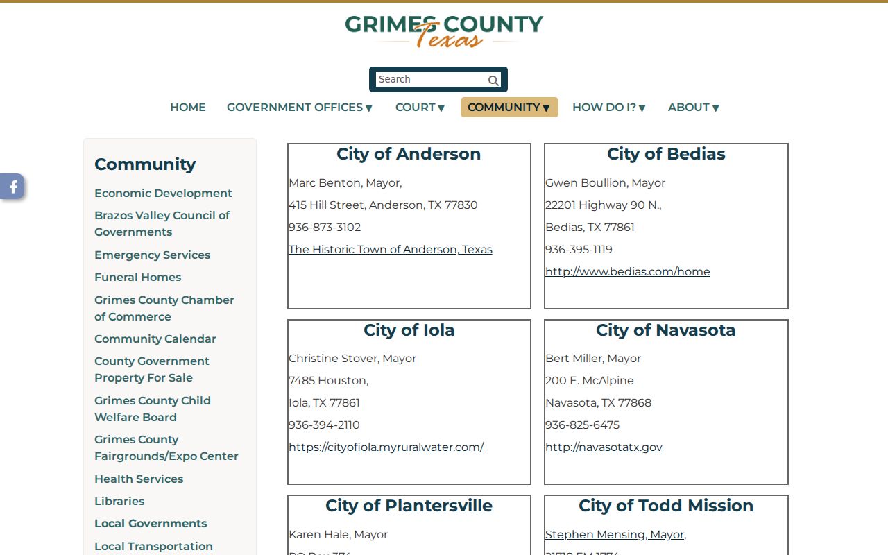 Plantersville warrant records contact context in the Grimes County local-government directory