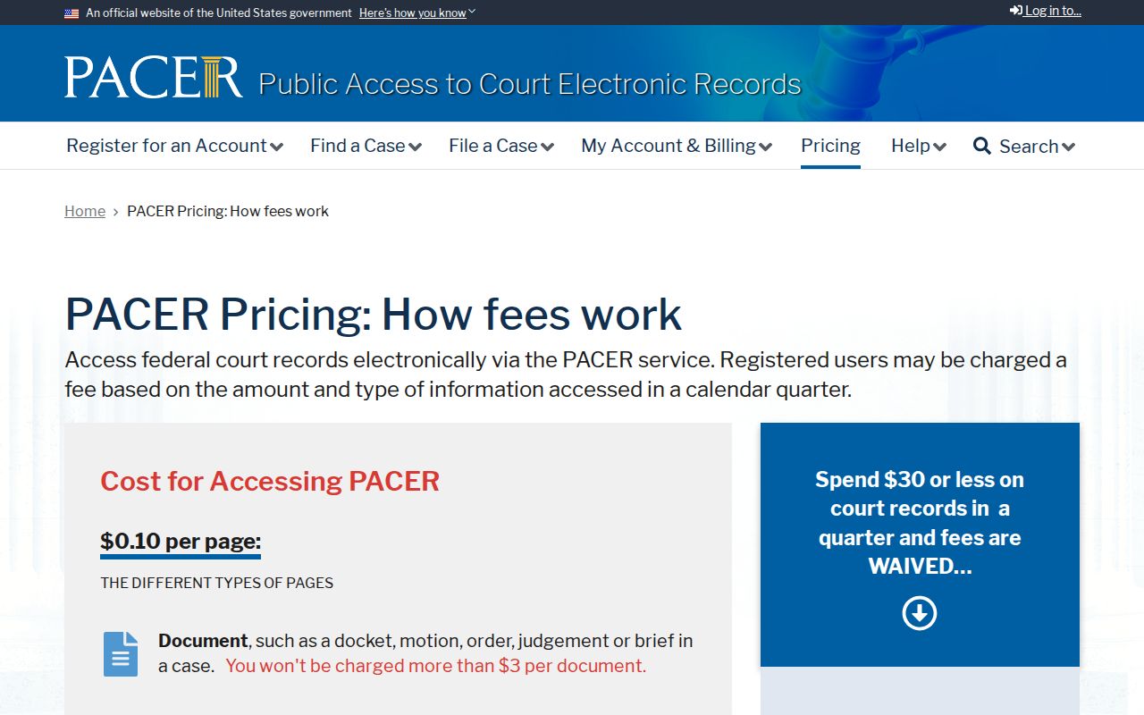 PACER fee explanation for federal docket access