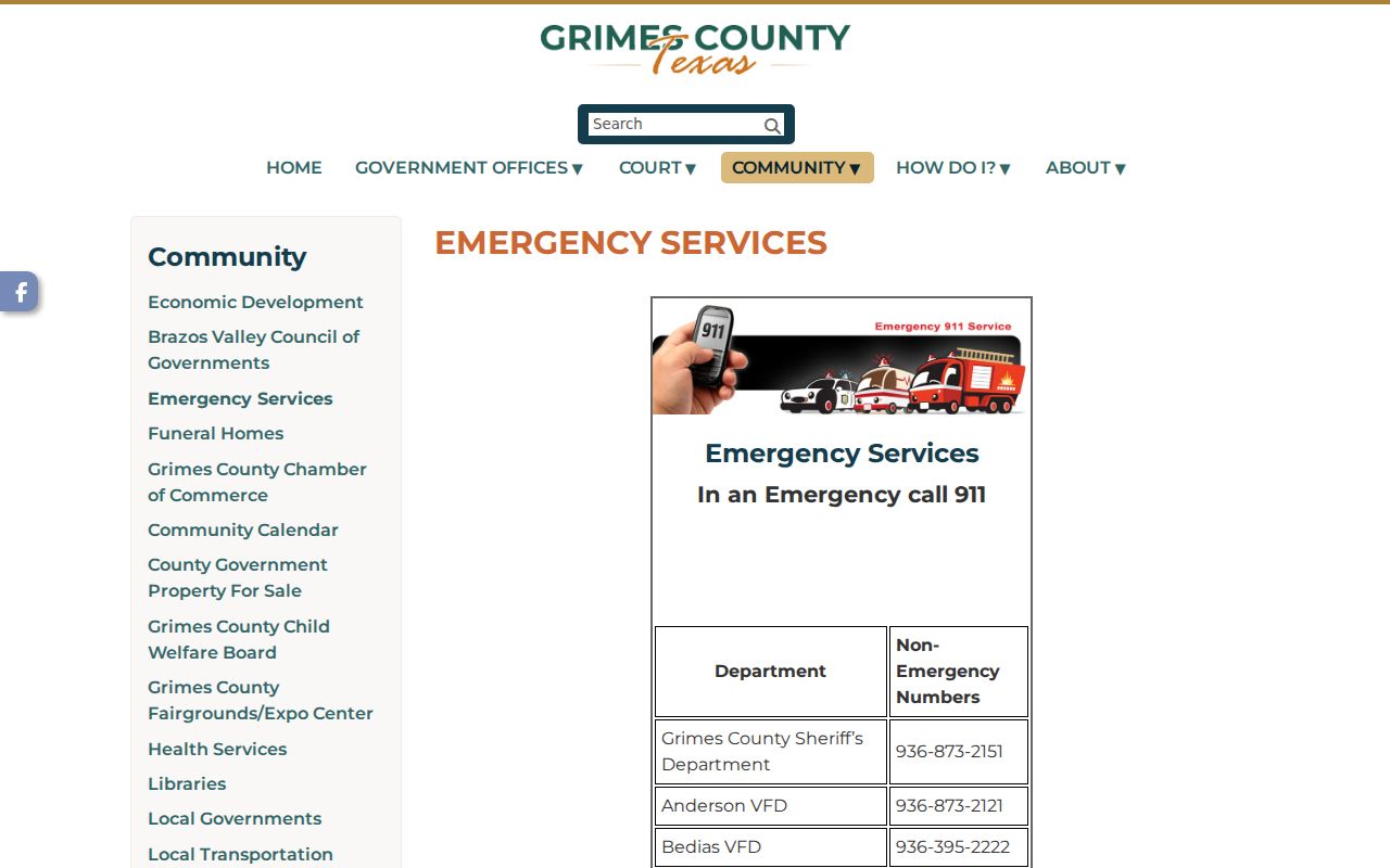 Grimes County emergency-services directory showing the Crime Stoppers tip contact