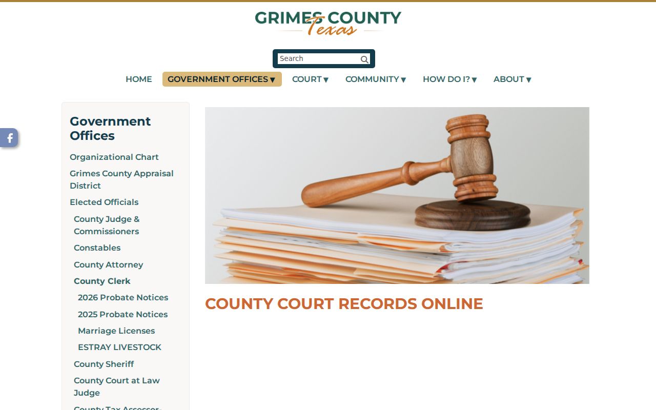 Grimes County court records page linking to Re:Search Texas and LGS